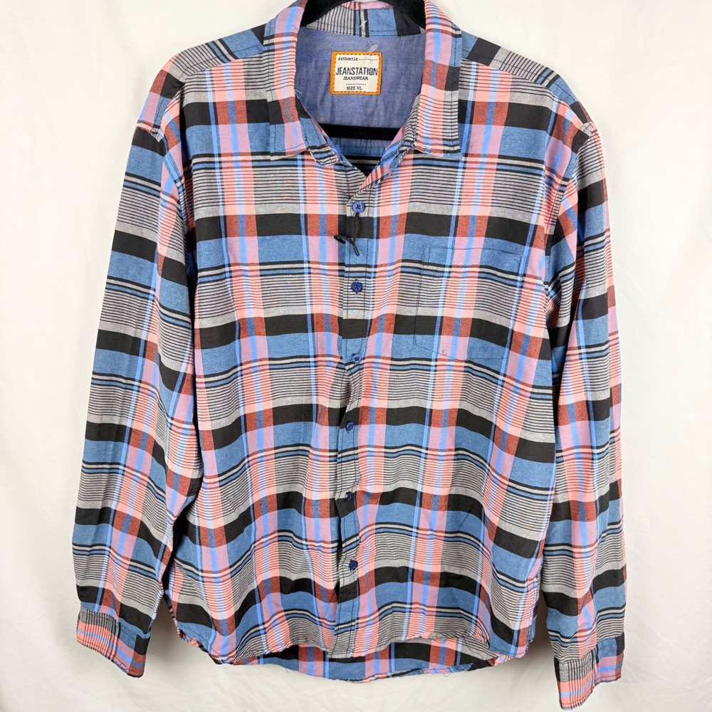 NEW Jeanstation Blue Red Black Plaid Casual Button Front XL NWOT Lightweight‎